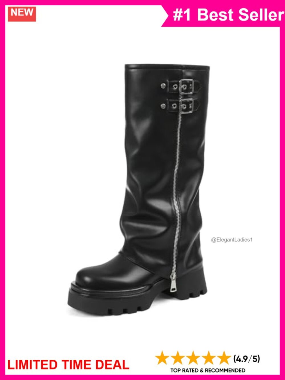 Lyrisiphy Platform Fold Over Knee High Boots Women's Faux Leather Pull-On